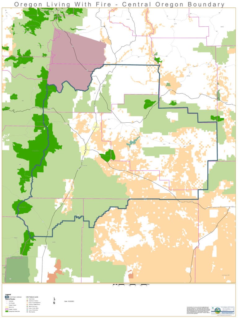 Map of the Oregon Living With Fire Boundary in Crook, Deschutes, Jefferson, Klamath and Lake Counties.