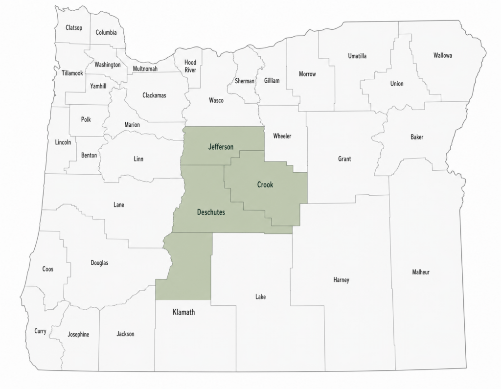 Map showing OLWF service area including Deschutes, Crook, Jefferson, and northern Klamath County